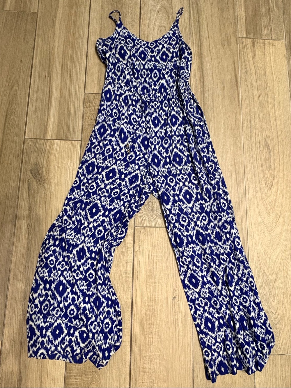 Haute Monde Blue & White Ikat-Print Wide-Leg Jumpsuit